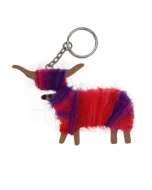 Hairy Coo Handmade Keyring with Red/Pink Wool
