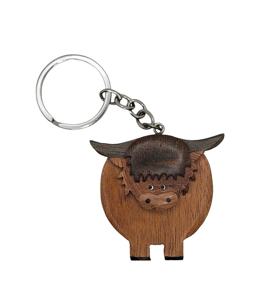 Highland Cow Wooden Keyring - Dark Horn