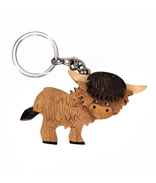 Highland Cow Wooden Keyring - Calf Dark Head