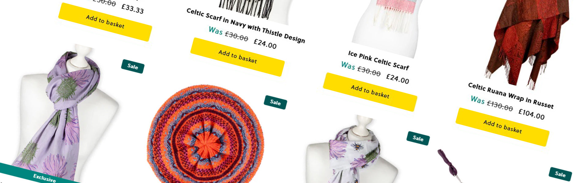 Sale Collection of scarves on mannequins with price tags and product details.