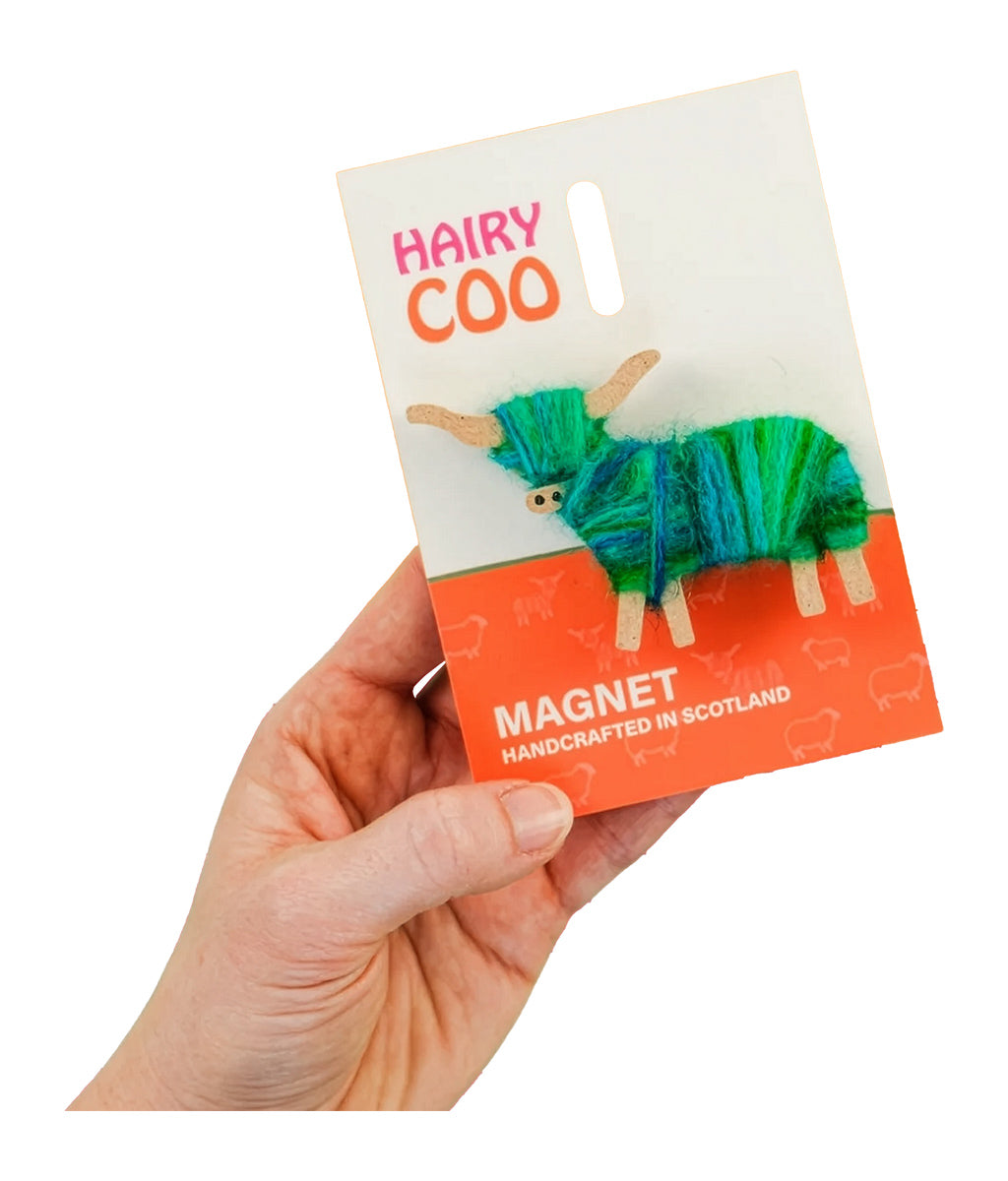 Hand holding a 'Hairy Coo' magnet packaging with a green and blue striped magnet on a white background.
