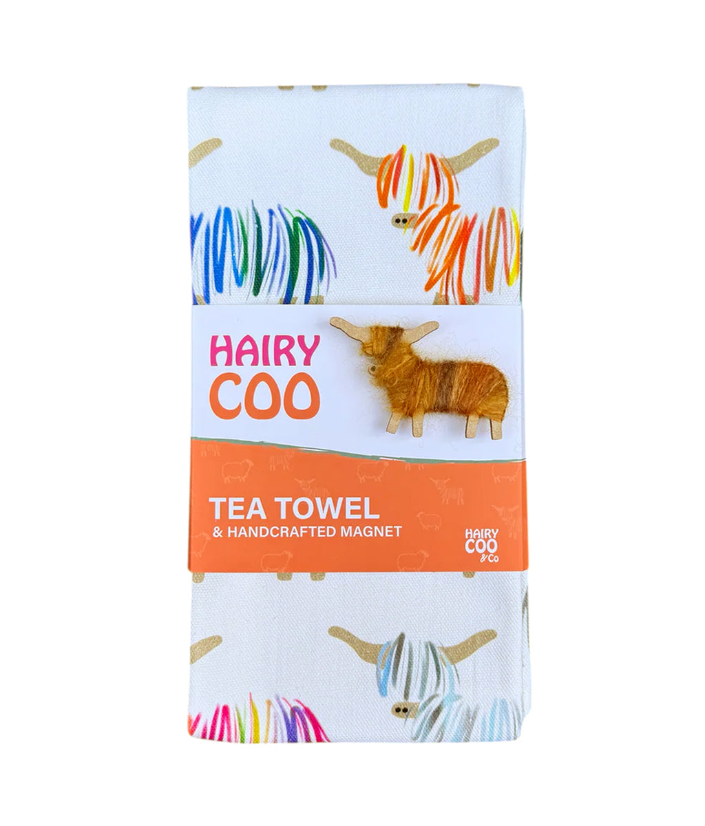 Hairy Coo Highland Cow Tea Towel with Fridge Magnet