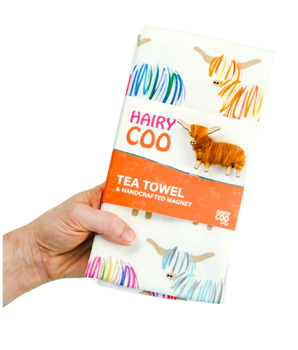 Hairy Coo Highland Cow Tea Towel with Fridge Magnet