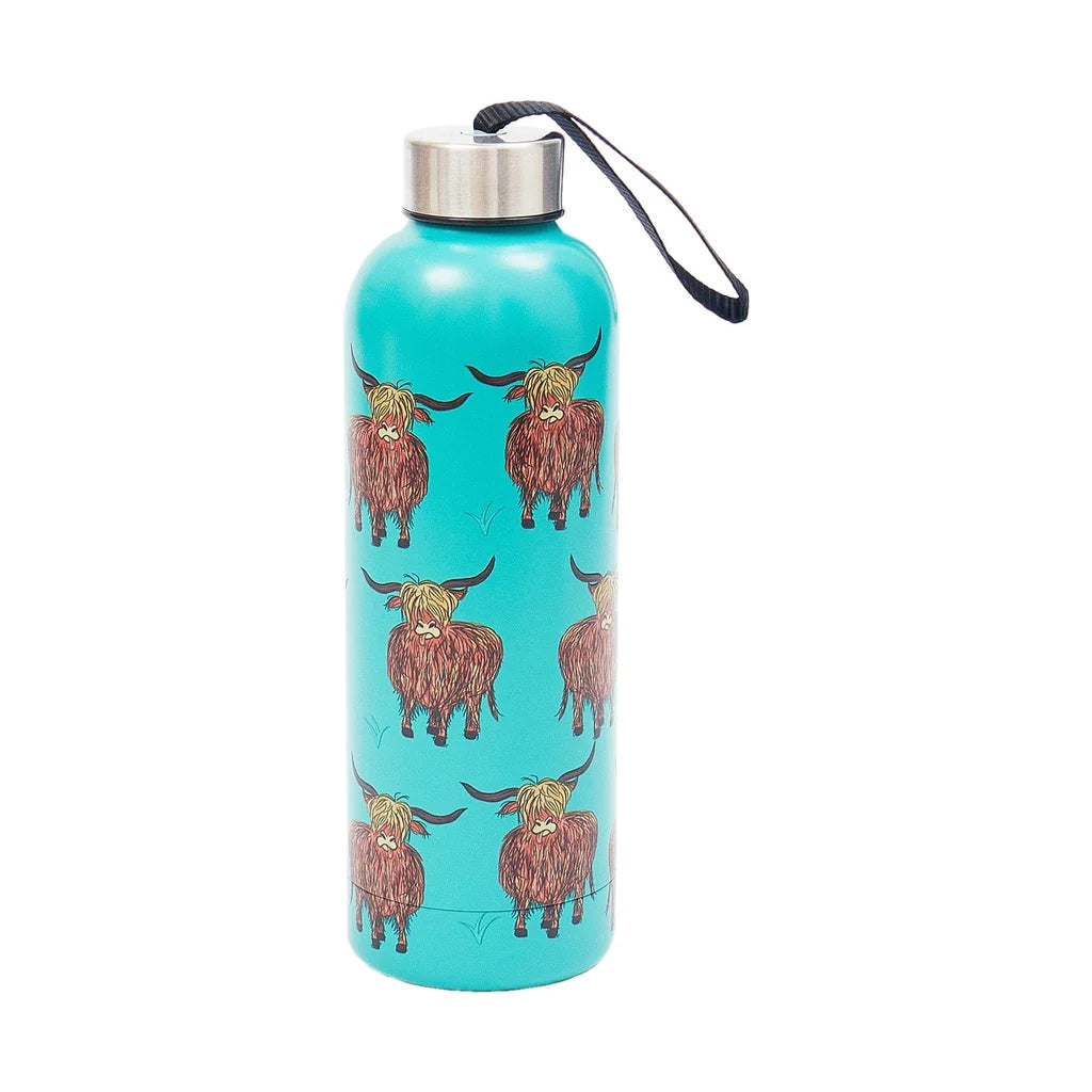 Turquoise water bottle with highland cow pattern on a white background