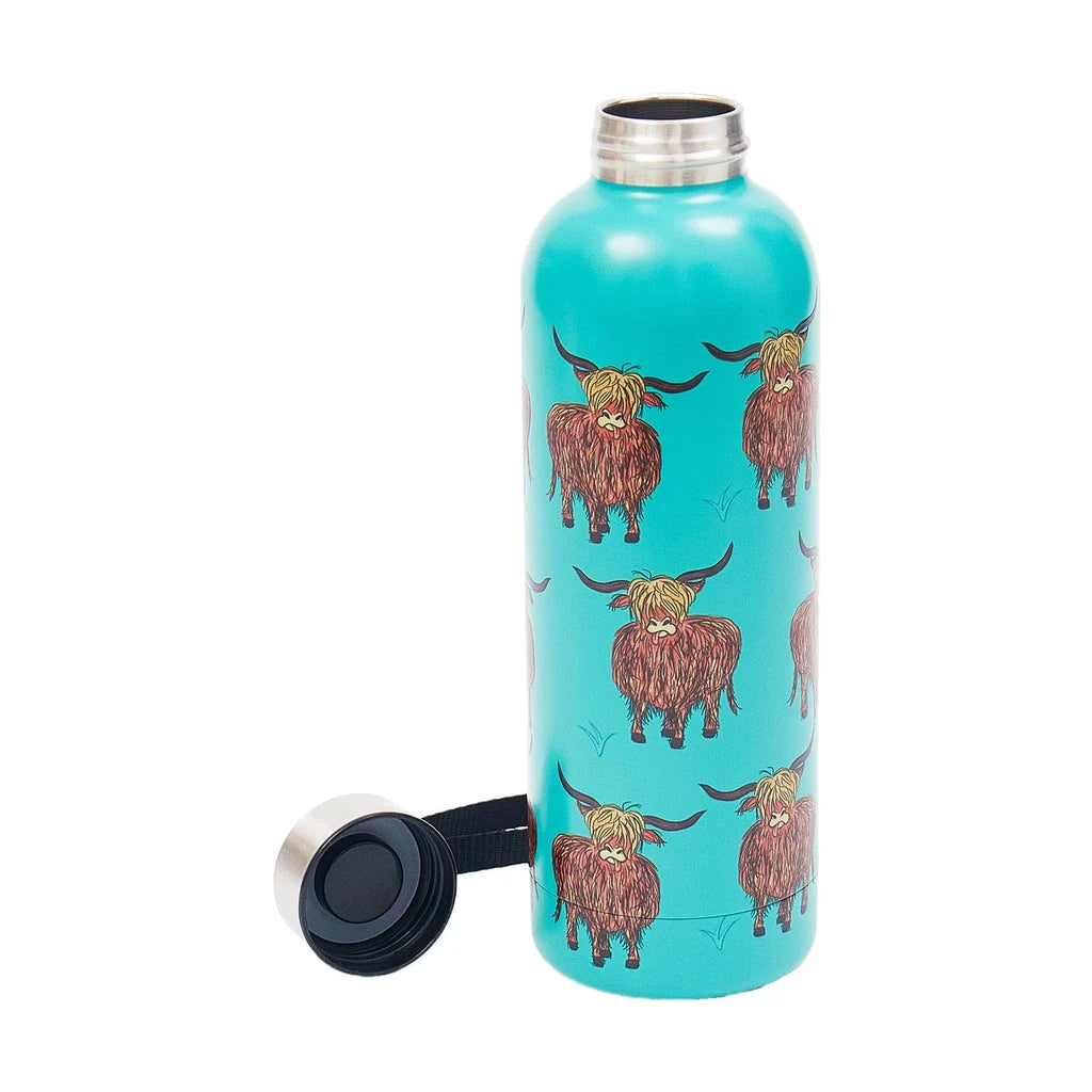 Turquoise water bottle with brown cow pattern on a white background