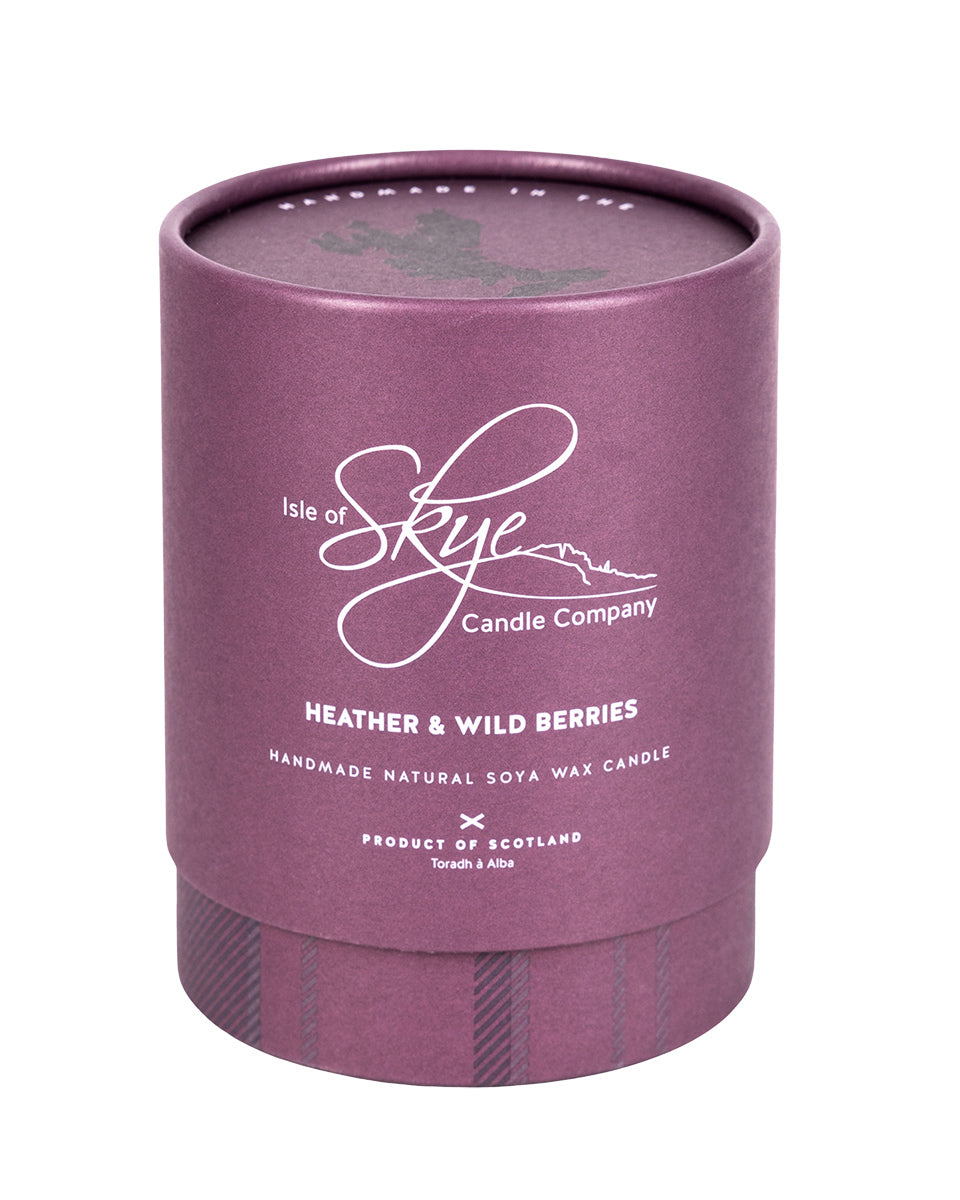 Purple candle container with 'Isle of Skye Candle Company' branding on a white background