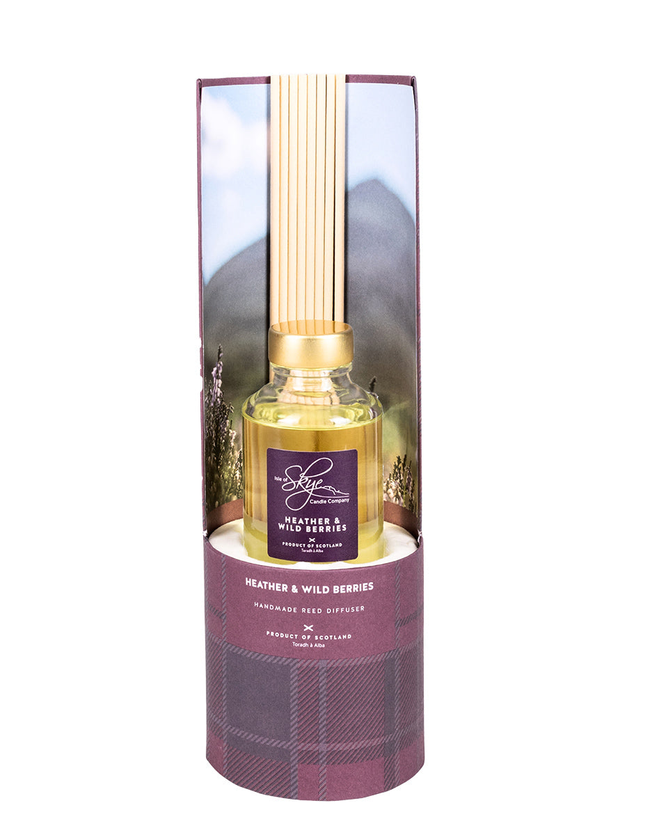 Heather & Wild Berries reed diffuser packaging on a white background