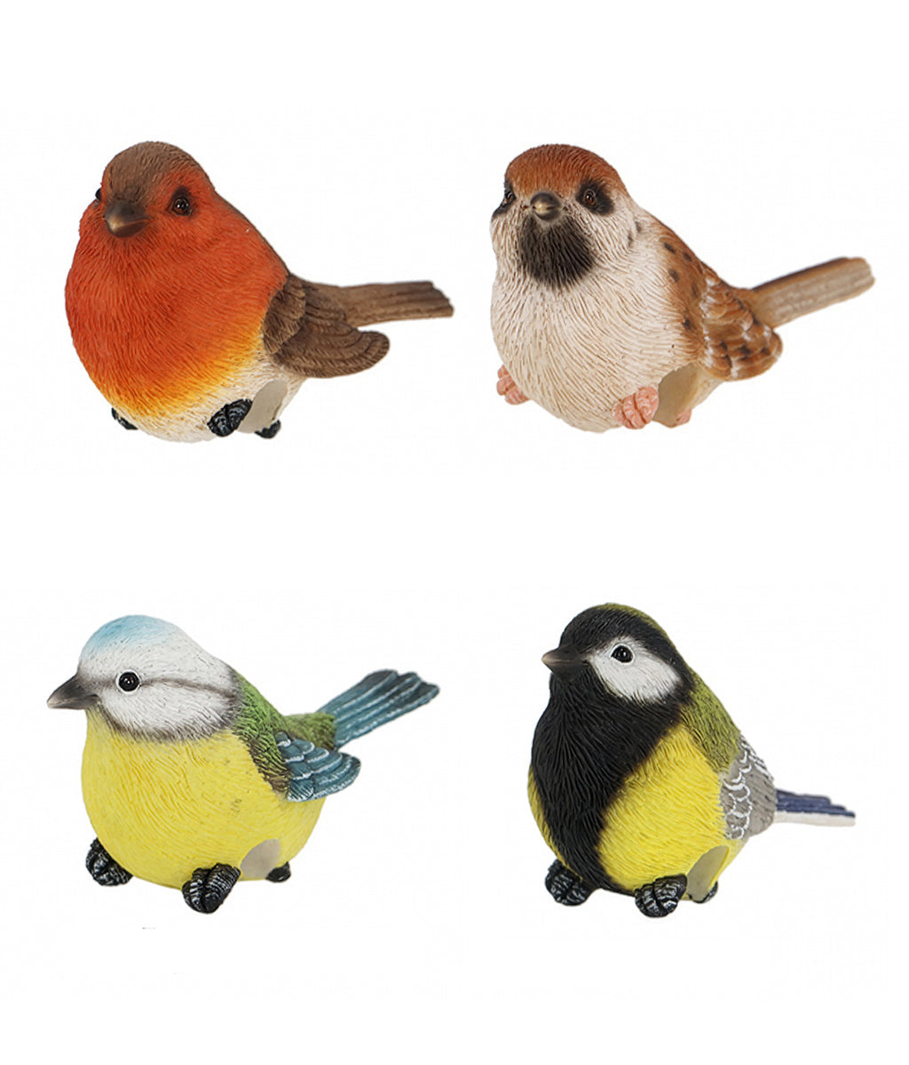 Four colourful bird figurine pot hangers on a white background