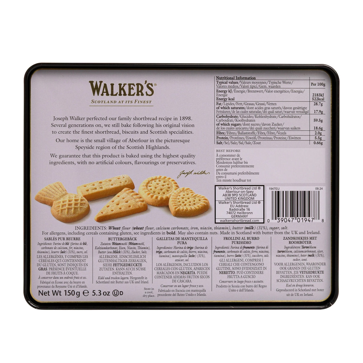 Back of a Walker's Scotland at Its Finest biscuit tin showing product information, ingredients, nutrition facts, and a photo of various patterned shortbread biscuits on a white background.