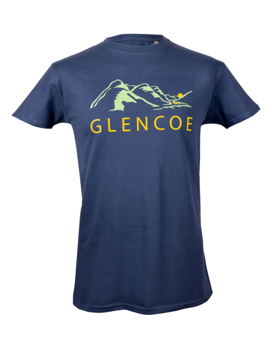 Navy blue t-shirt with 'Glencoe' logo on a white background