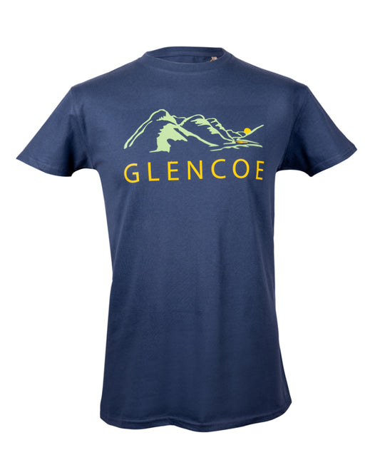 Navy blue t-shirt with 'Glencoe' logo on a white background
