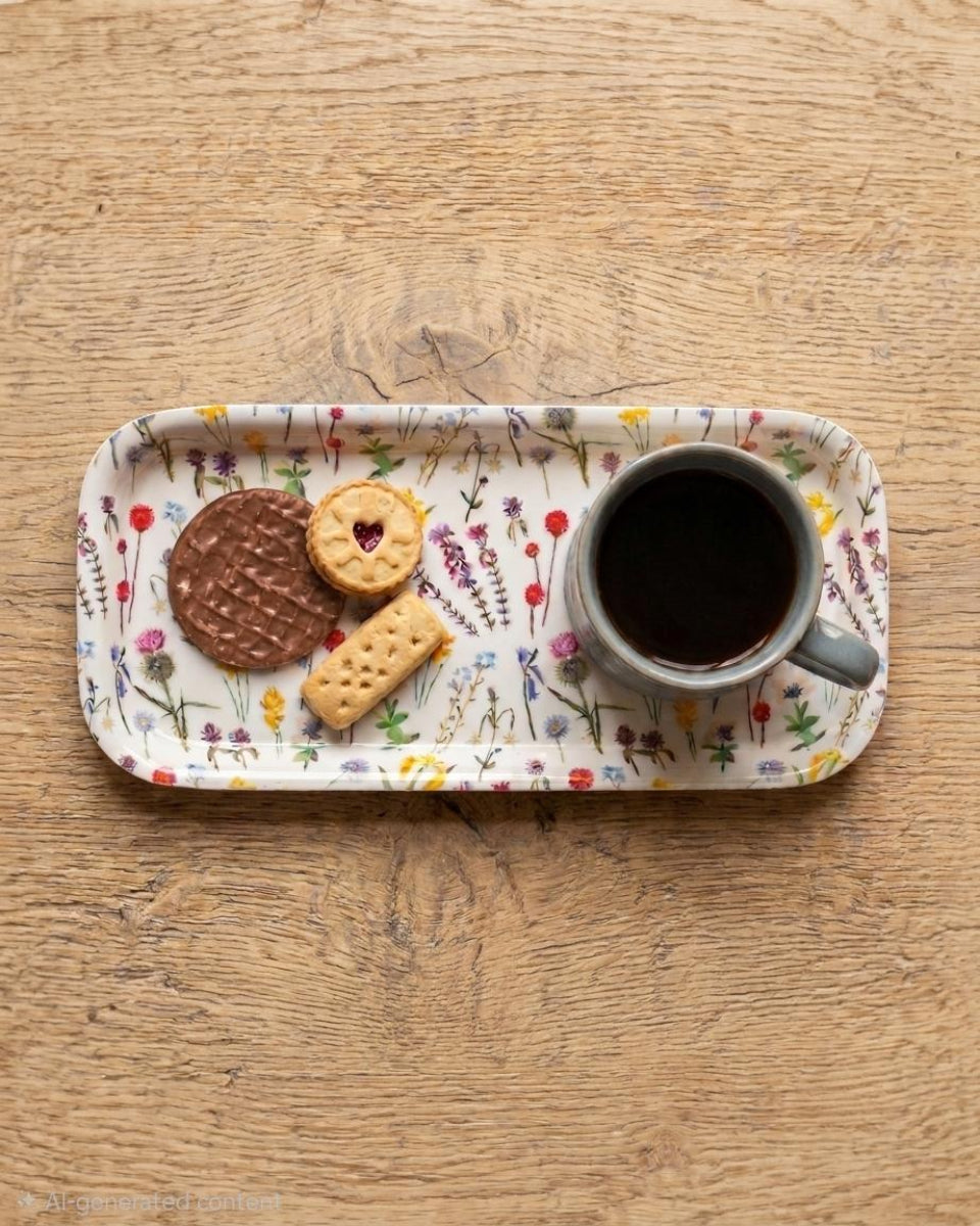 A rectangular melamine tray with a white background and a colorful Scottish wildflower print, styled with three cookies and a gray ceramic mug filled with black coffee, all placed on a rustic wooden table.