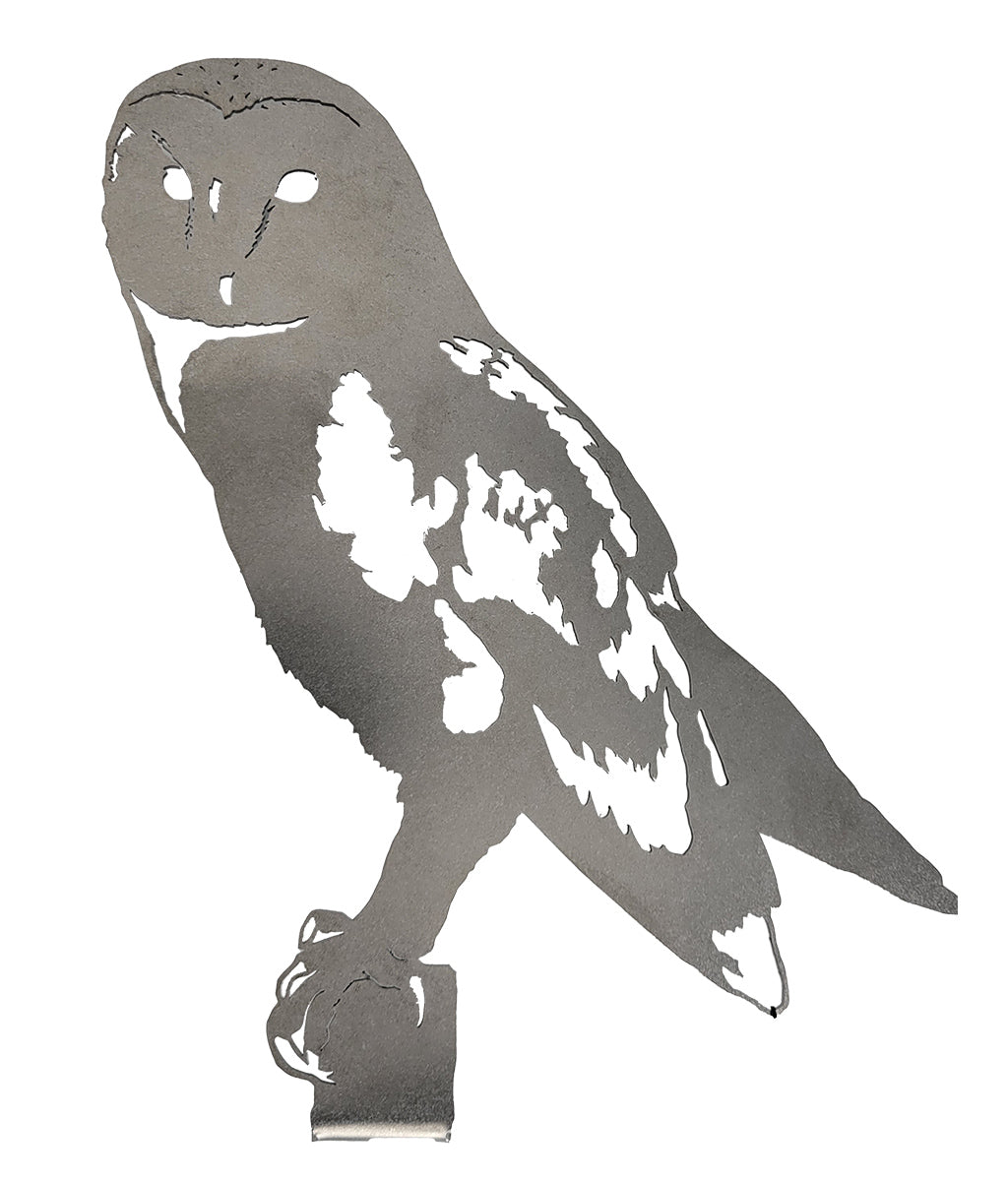 Metallic owl silhouette on a white background