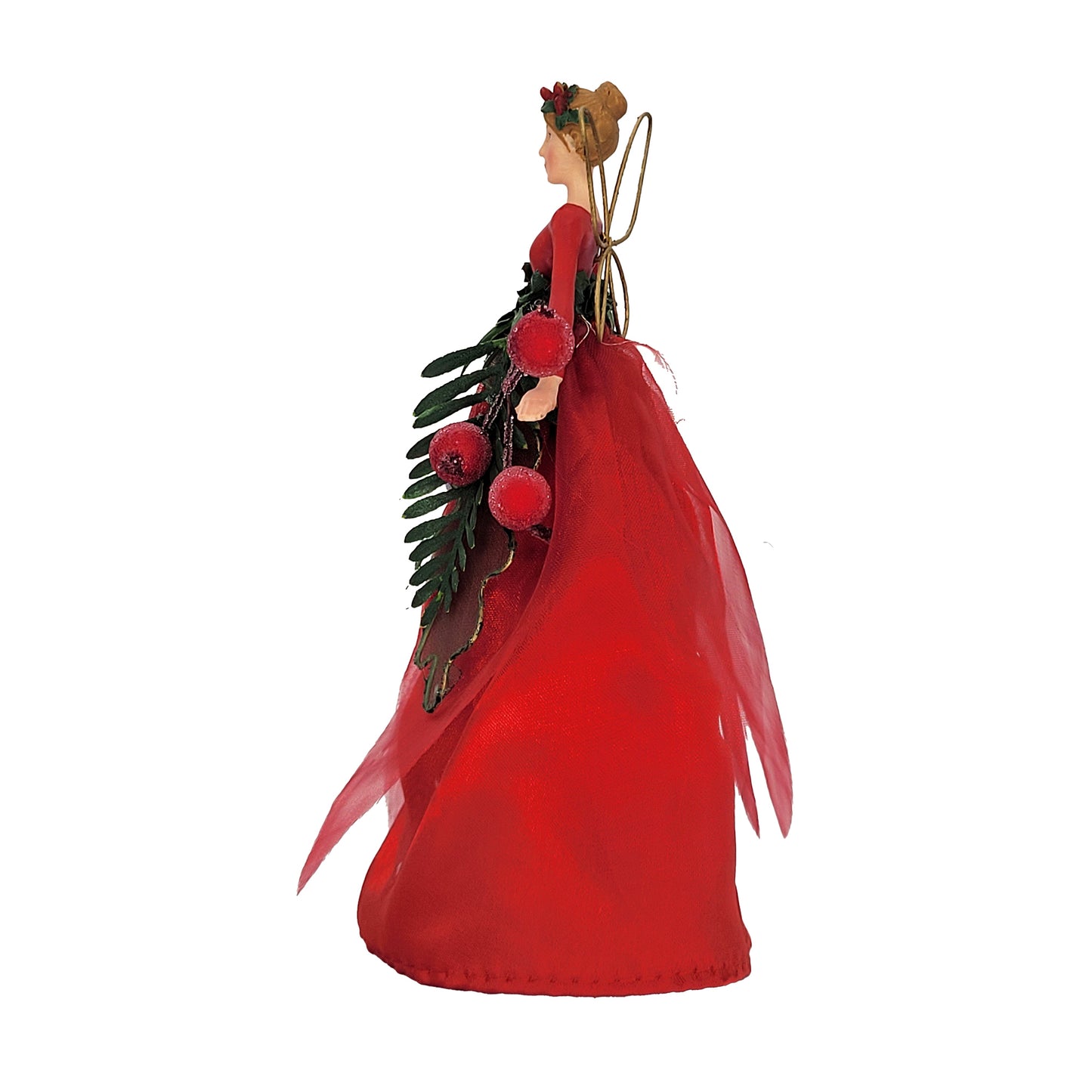 A Christmas fairy ornament with a long red gown, green leafy garland, red and purple frosted berries, and gold wings, shown on a plain white background.