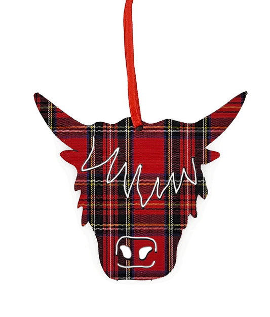 Highland Cow Head Royal Check Christmas Decoration