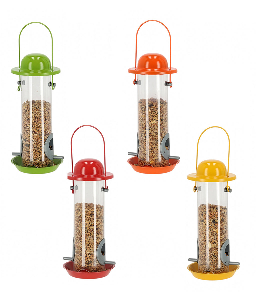 Set of four bird feeders with colourful lids on a white background