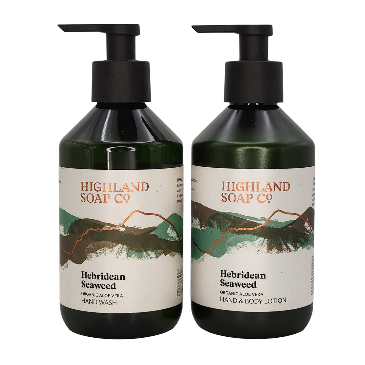 Hebridean Seaweed Hand Wash and Body Lotion pump bottles placed on a white background.