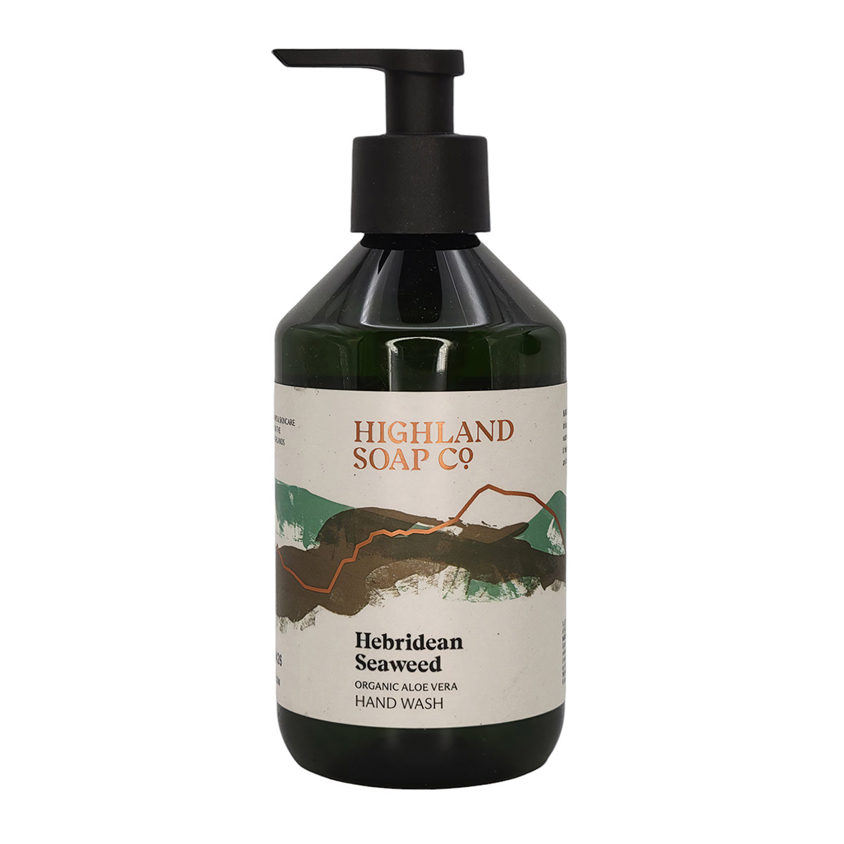 A dark green pump bottle of Highland Soap Co Hebridean Seaweed Organic Aloe Vera Hand Wash, featuring a black pump dispenser and a cream-colored label with a scenic illustration.