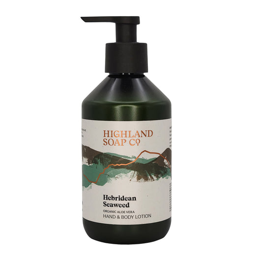 A dark green pump bottle of Highland Soap Co Hebridean Seaweed Hand & Body Lotion on a plain white background.