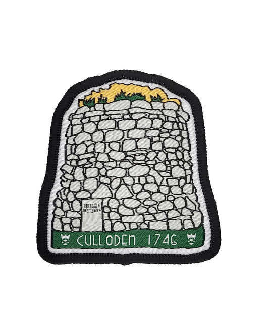 Patch with stone cairn and 'Culloden 1746' text on a white background