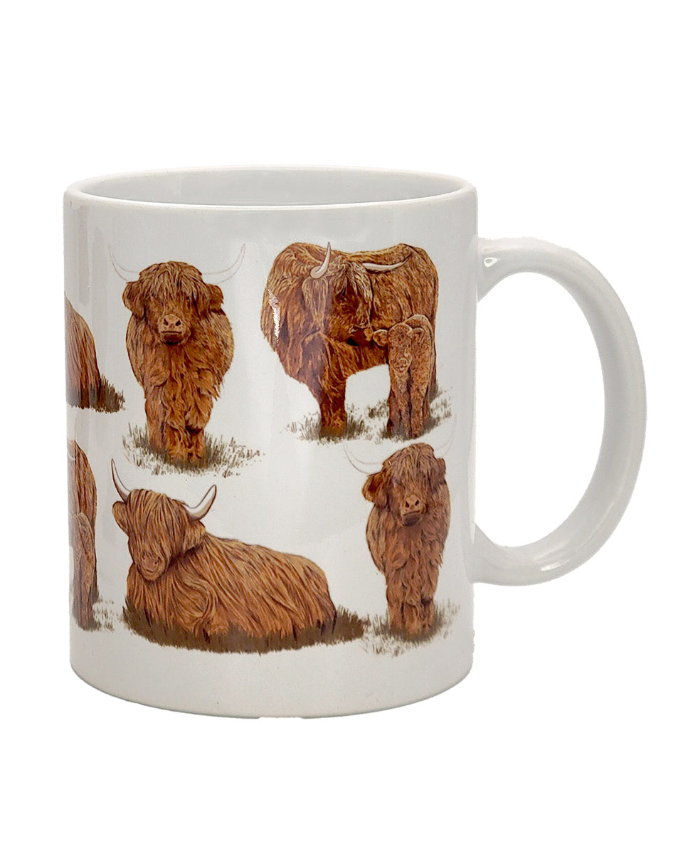 White mug with highland cow illustrations on a white background