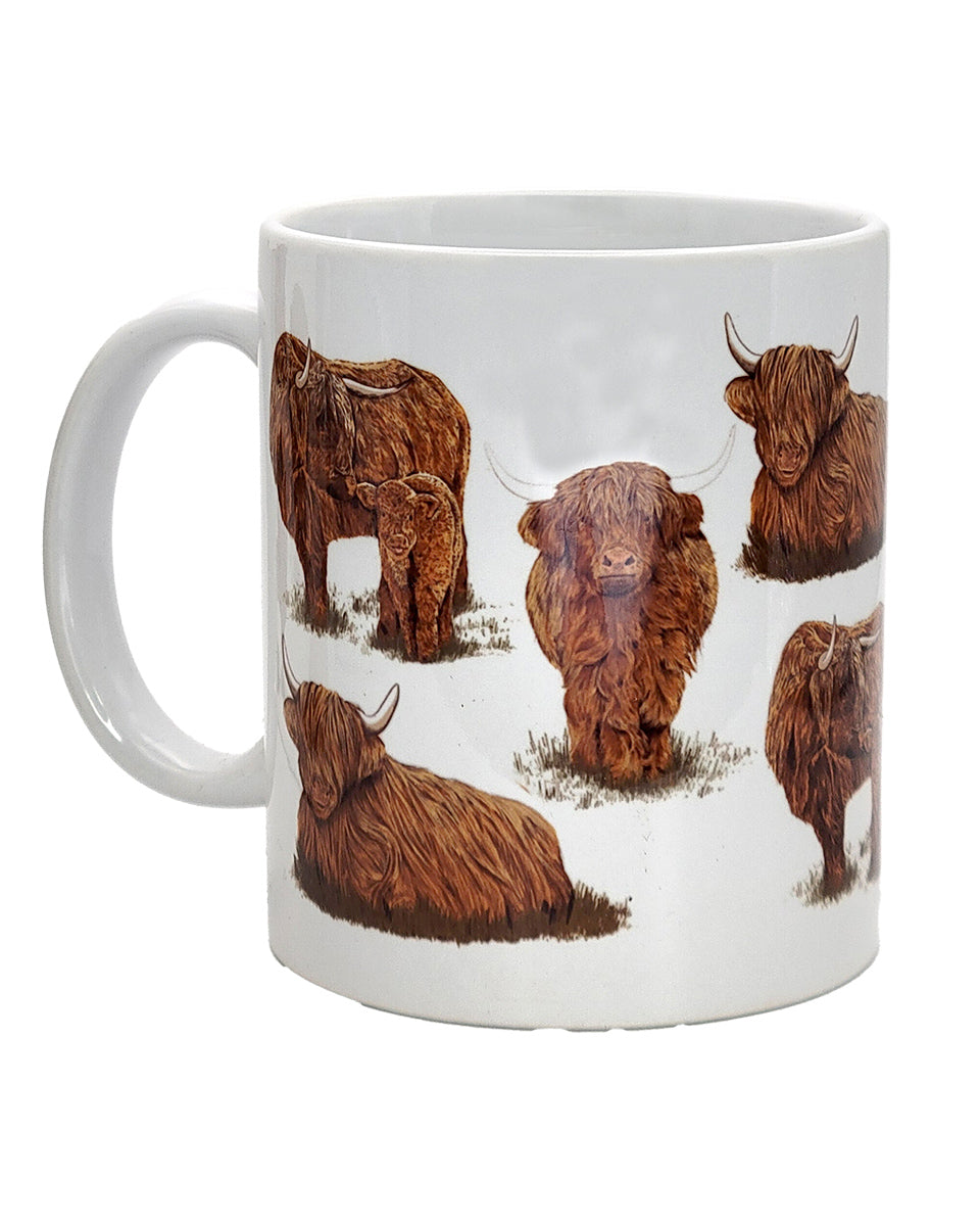 White mug with highland cow illustrations on a white background