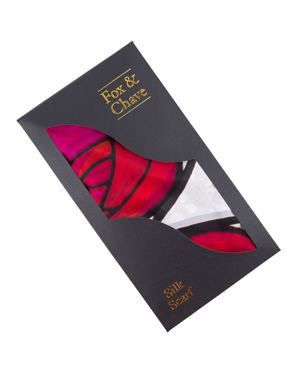 Silk scarf in a Fox & Chave packaging box on a white background