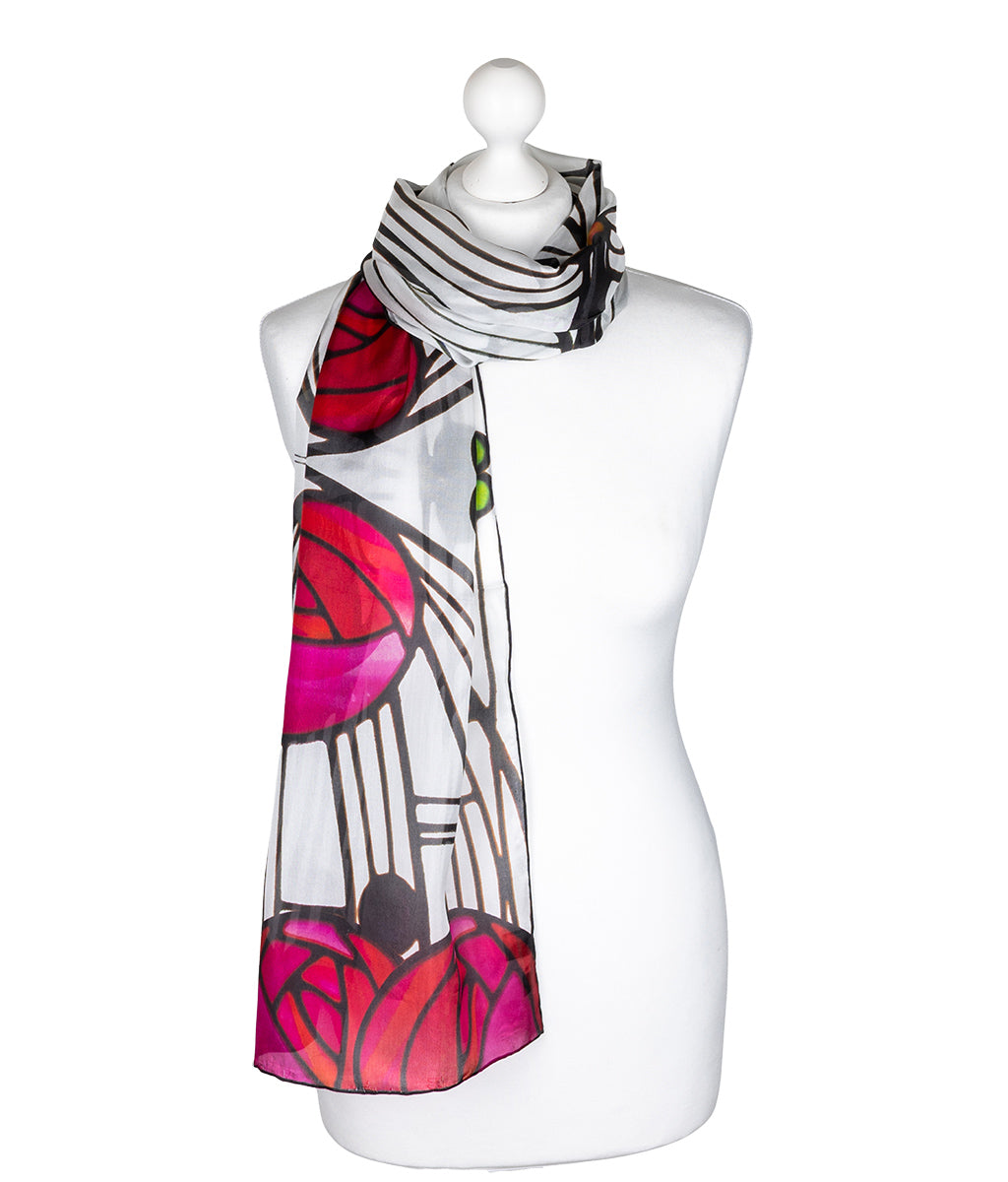 Mackintosh Rose Glass Chiffon Scarf with floral design on a mannequin against a white background