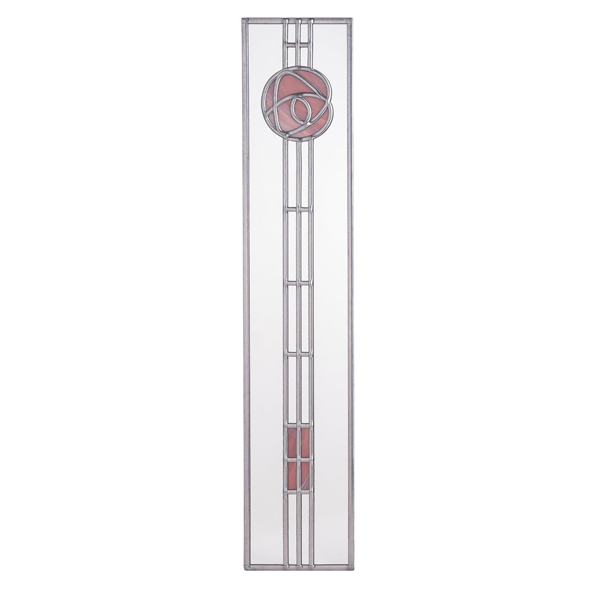 Stained glass panel with geometric design on a white background