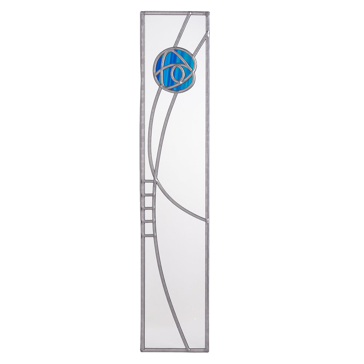 Decorative stained glass panel with a blue rose design on a white background