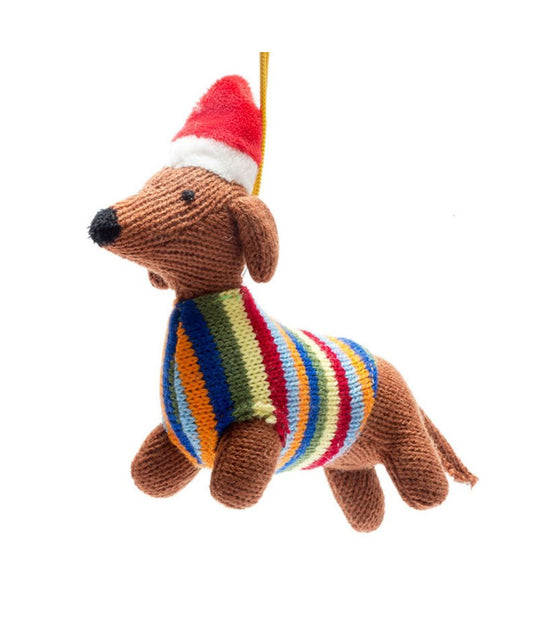 Knitted Sausage Dog with Hat and Jumper Christmas Hanging Decoration