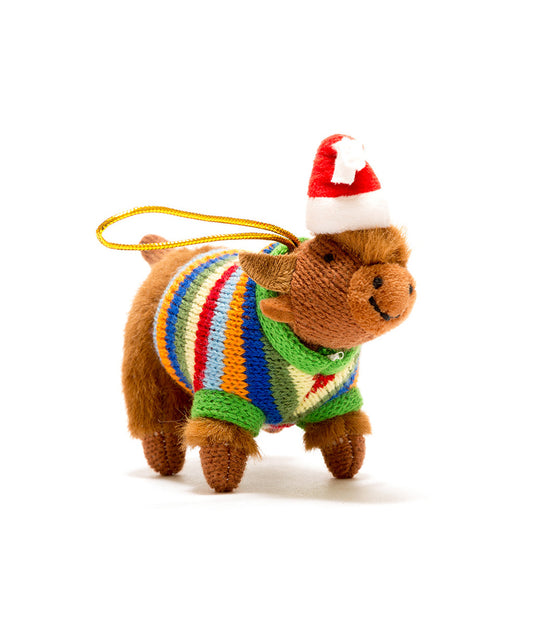 Knitted Highland Cow with Hat Christmas Hanging Decoration