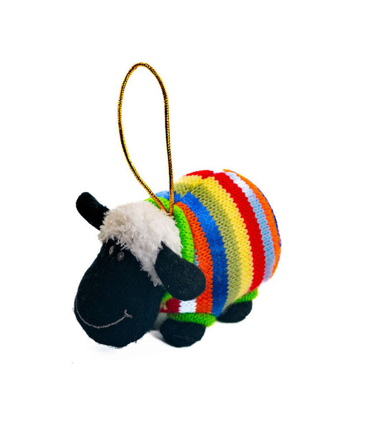 Knitted Sheep with Striped Jumper Christmas Hanging Decoration
