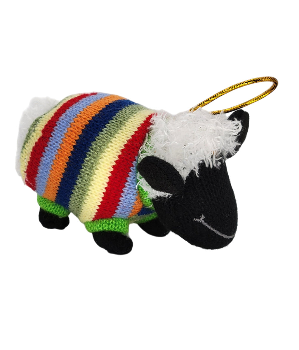 Knitted Sheep with Striped Jumper Christmas Hanging Decoration