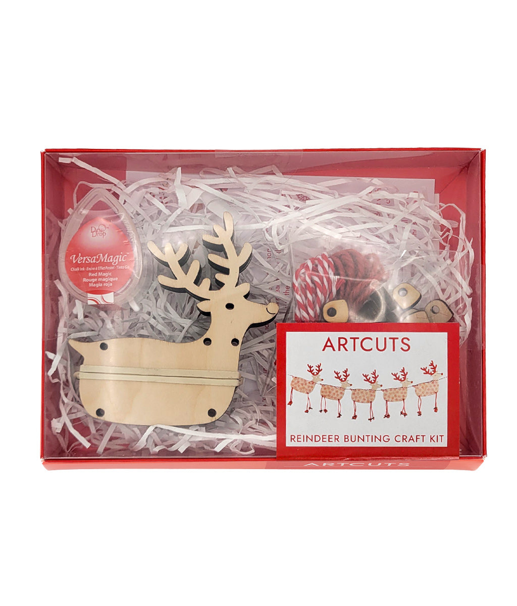 Reindeer bunting craft kit in a red box with white interior