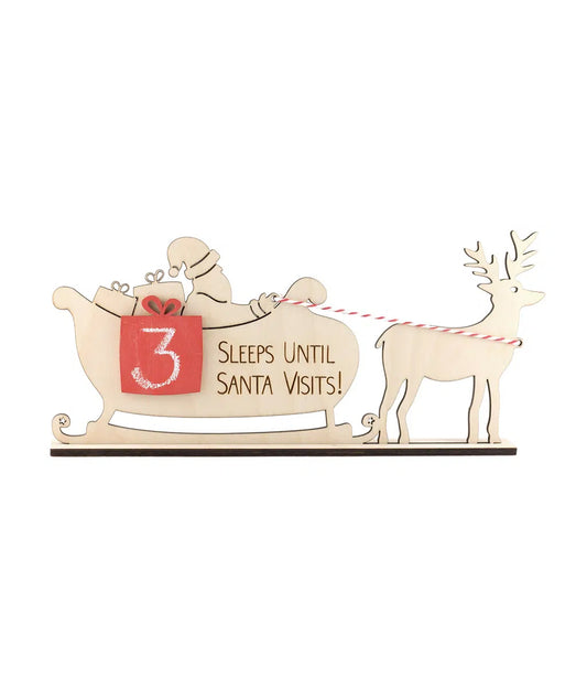 Decorative wooden sign with Santa in sleigh and reindeer, showing '3 sleeps until Santa visits!' on a white background.