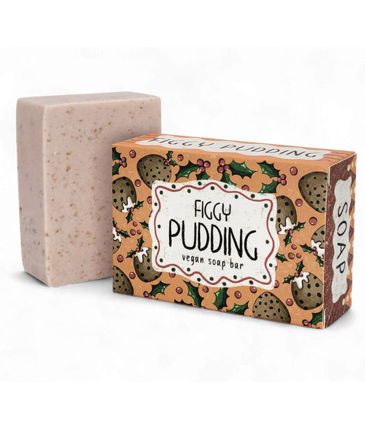 Vegan soap bar with 'Figgy Pudding' packaging on a white background