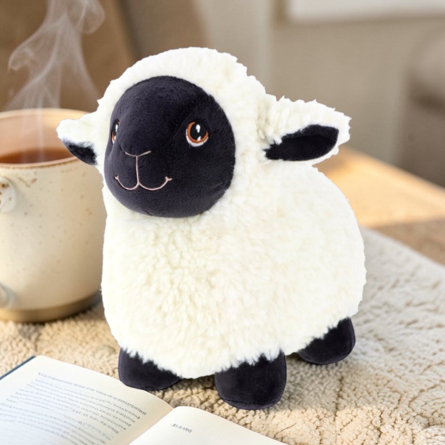 Plush sheep toy on a surface with a cup of coffee and book in the background