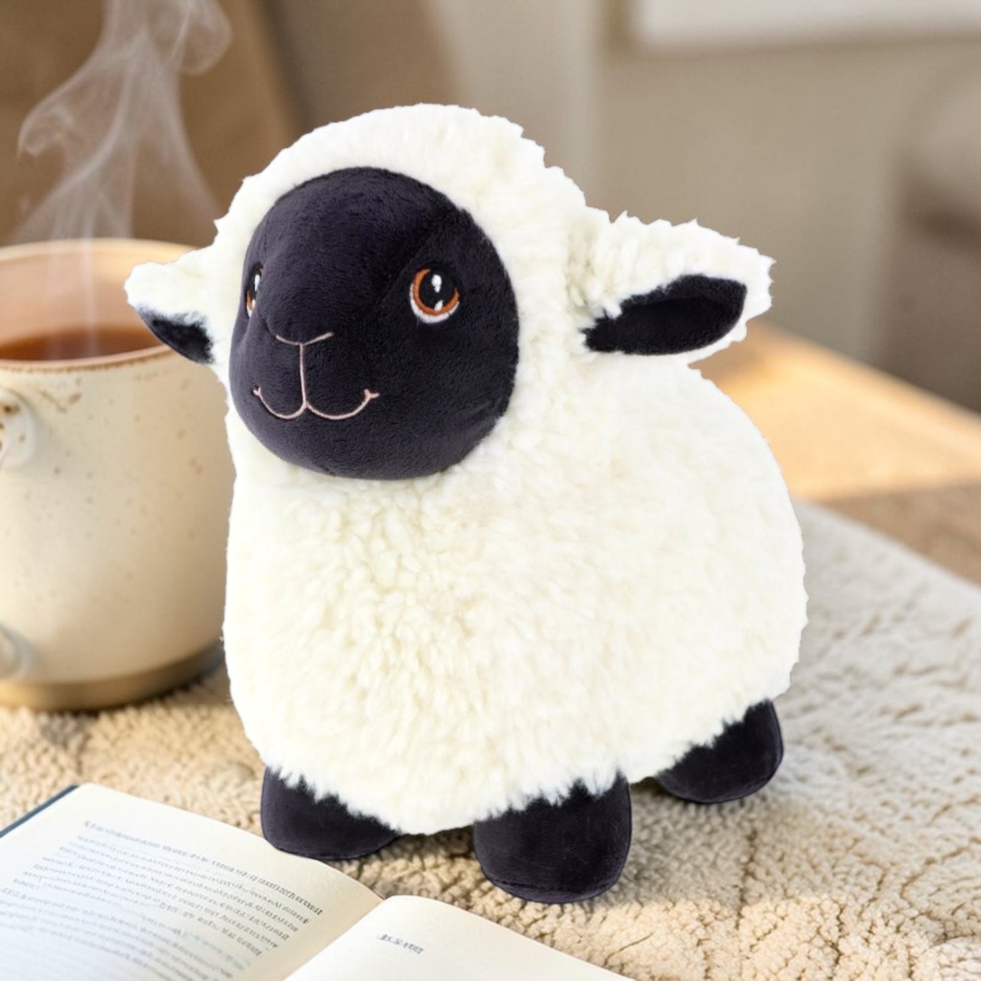 Plush sheep toy on a surface with a cup of coffee and book in the background