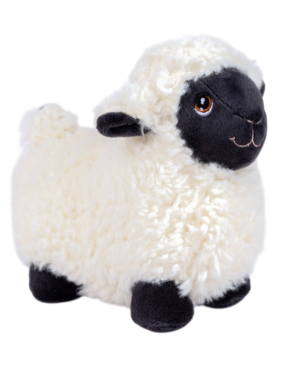 Plush toy sheep with black face on a white background
