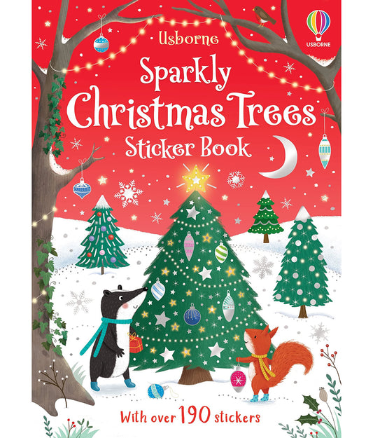 Usborne Sparkly Christmas Trees Sticker Book cover with trees, animals, and festive elements.