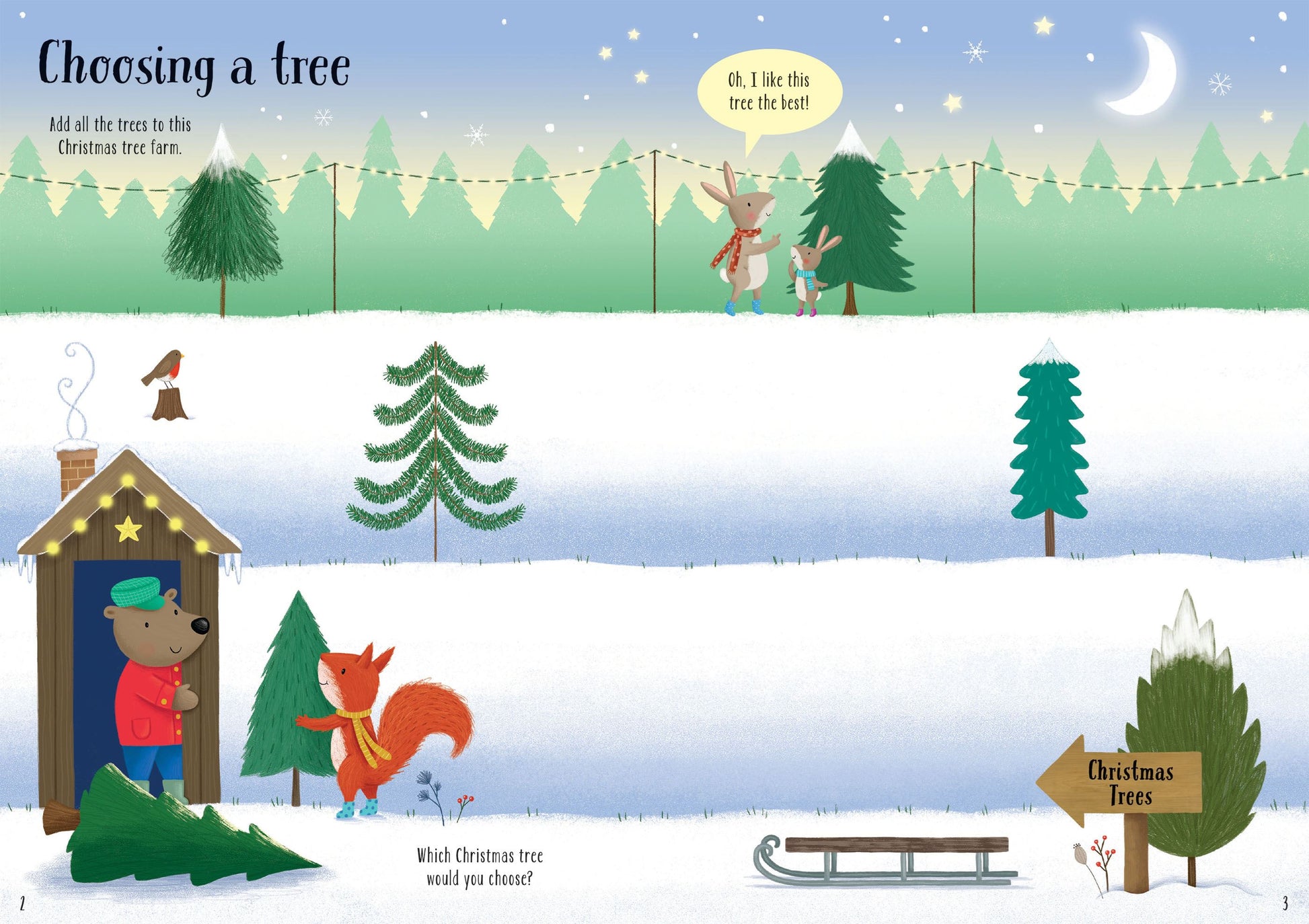 Illustration of a winter scene with trees and animals from Sparkly Christmas Trees Sticker Book