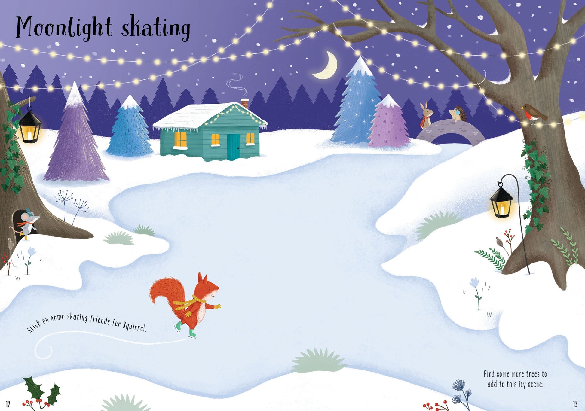 Illustration of a snowy landscape with a house, trees, and a squirrel on a moonlit night.