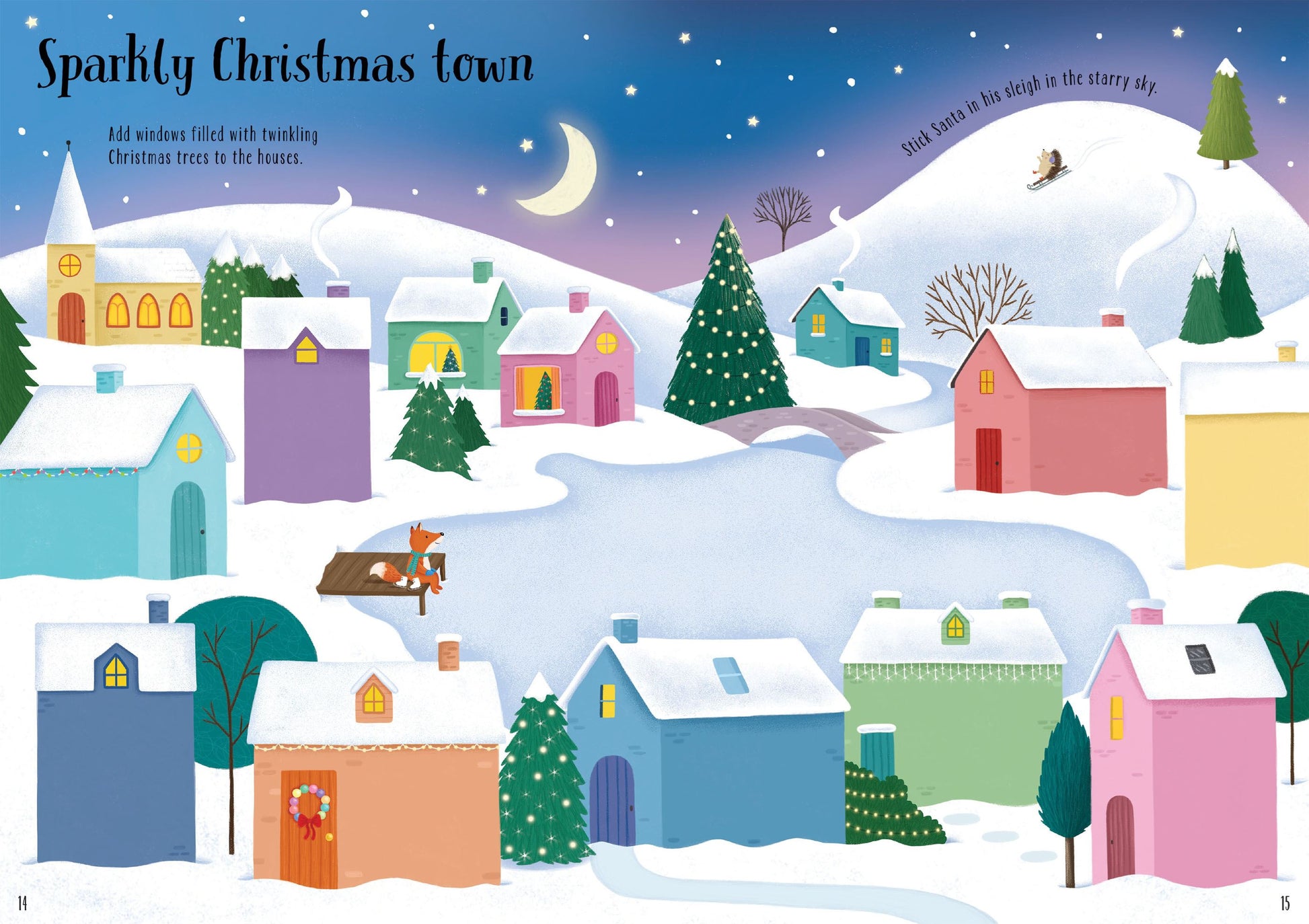 Illustration of a snowy town with colorful houses and Christmas trees under a starry sky.