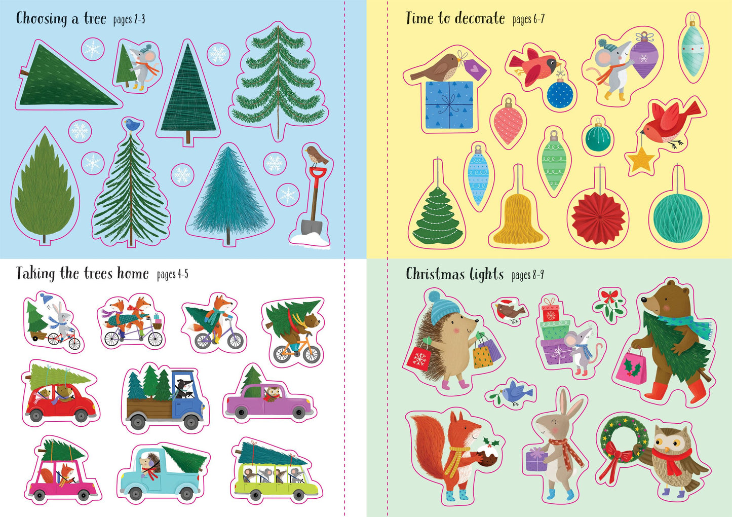 Set of Christmas-themed stickers on four different colored pages.