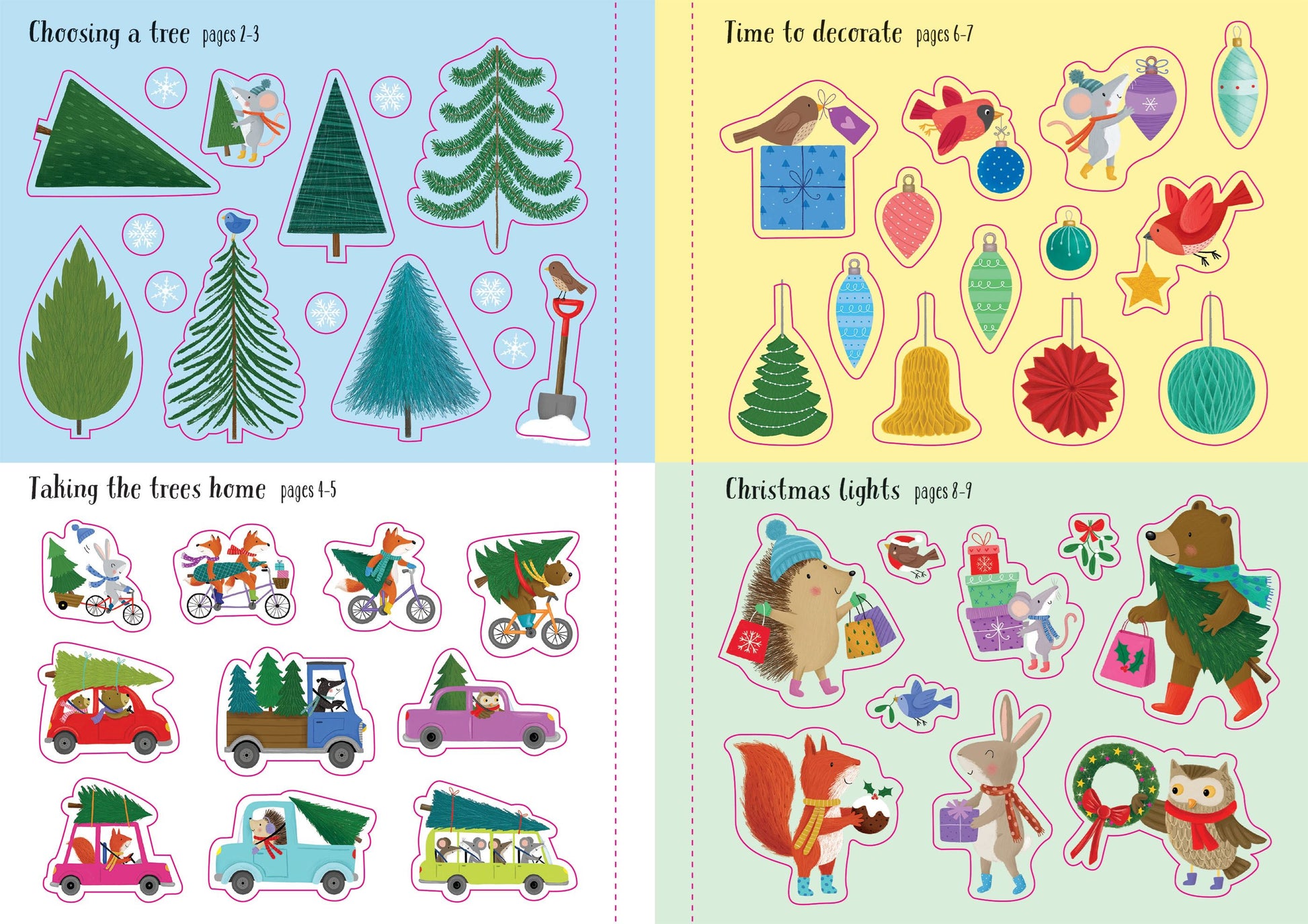 Set of Christmas-themed stickers on four different colored pages.