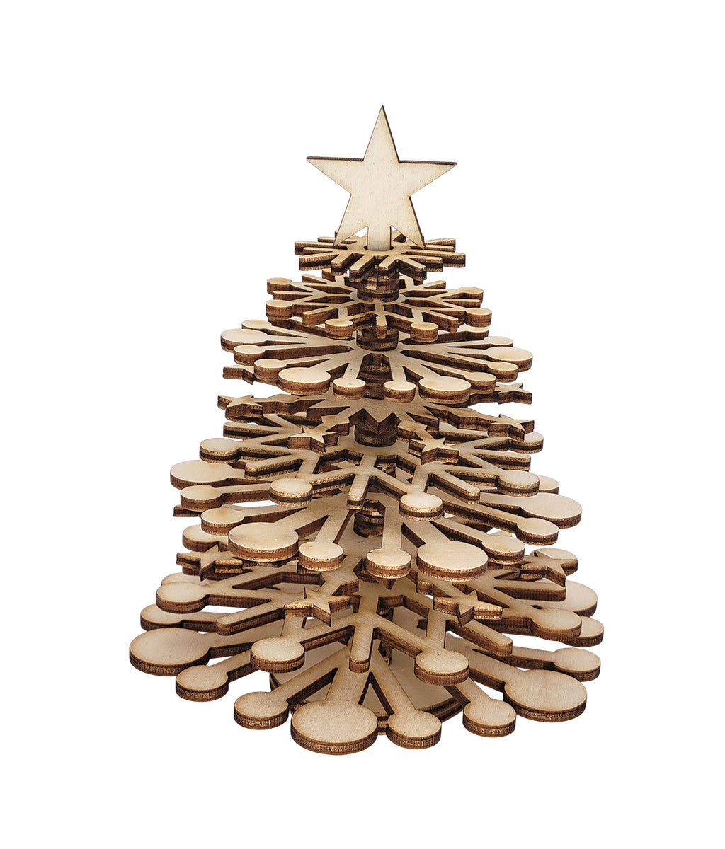 Wooden Christmas tree with a star on top against a white background