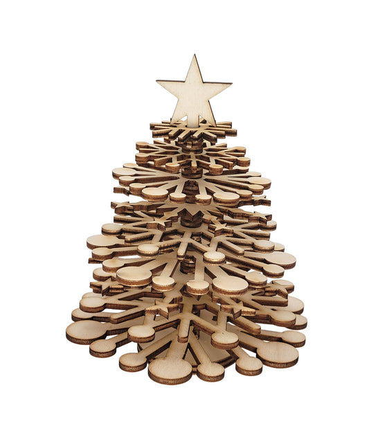 Wooden Christmas tree with a star on top against a white background