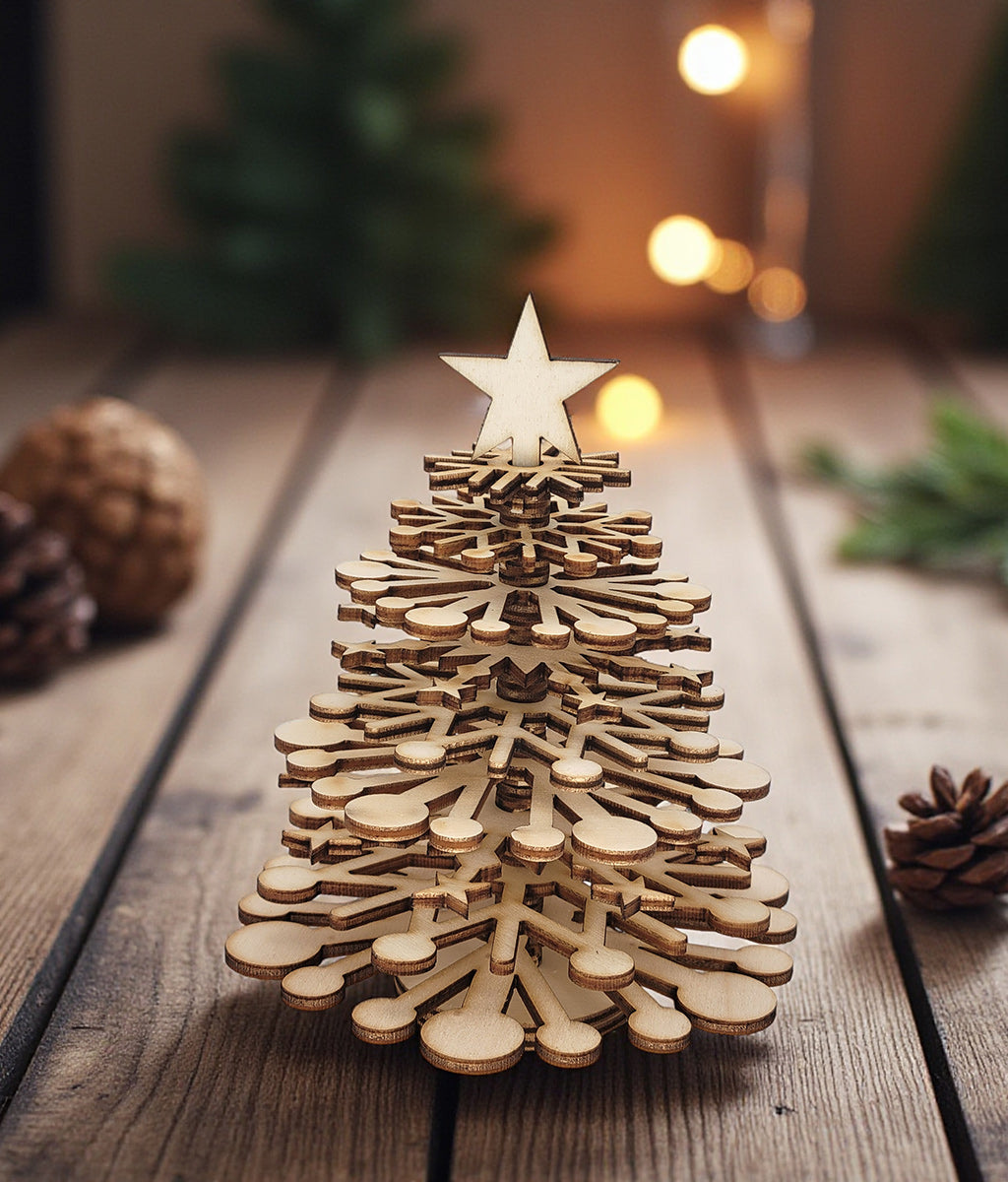 Wooden Christmas tree with a star on top, placed on a wooden surface with blurred lights in the background.