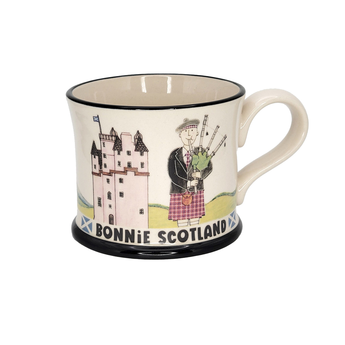 Mug with Scottish design featuring a bagpiper and castle, labeled 'Bonnie Scotland'.